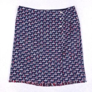 Talbots Petite 14P Navy Red Tweed Fringe Hem Skirt Button Detail Lined